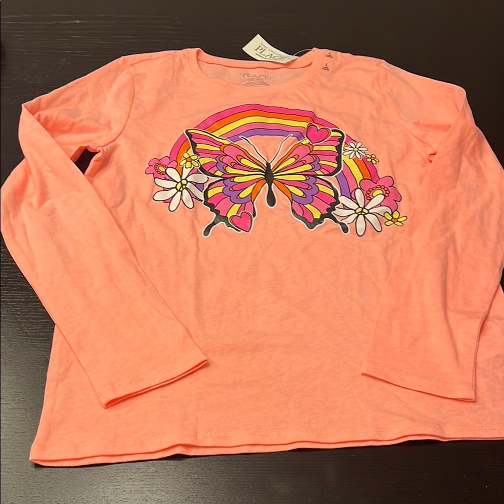 The Children's Place Pink Long Sleeve Tee with Rainbow and Butterflies